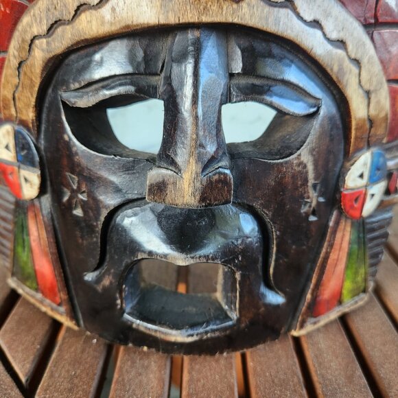 Hand-Carved Mayan Aztec Wooden Mask Tribal Wall Art with Snake, Jaguar & Warrior - Picture 12 of 16